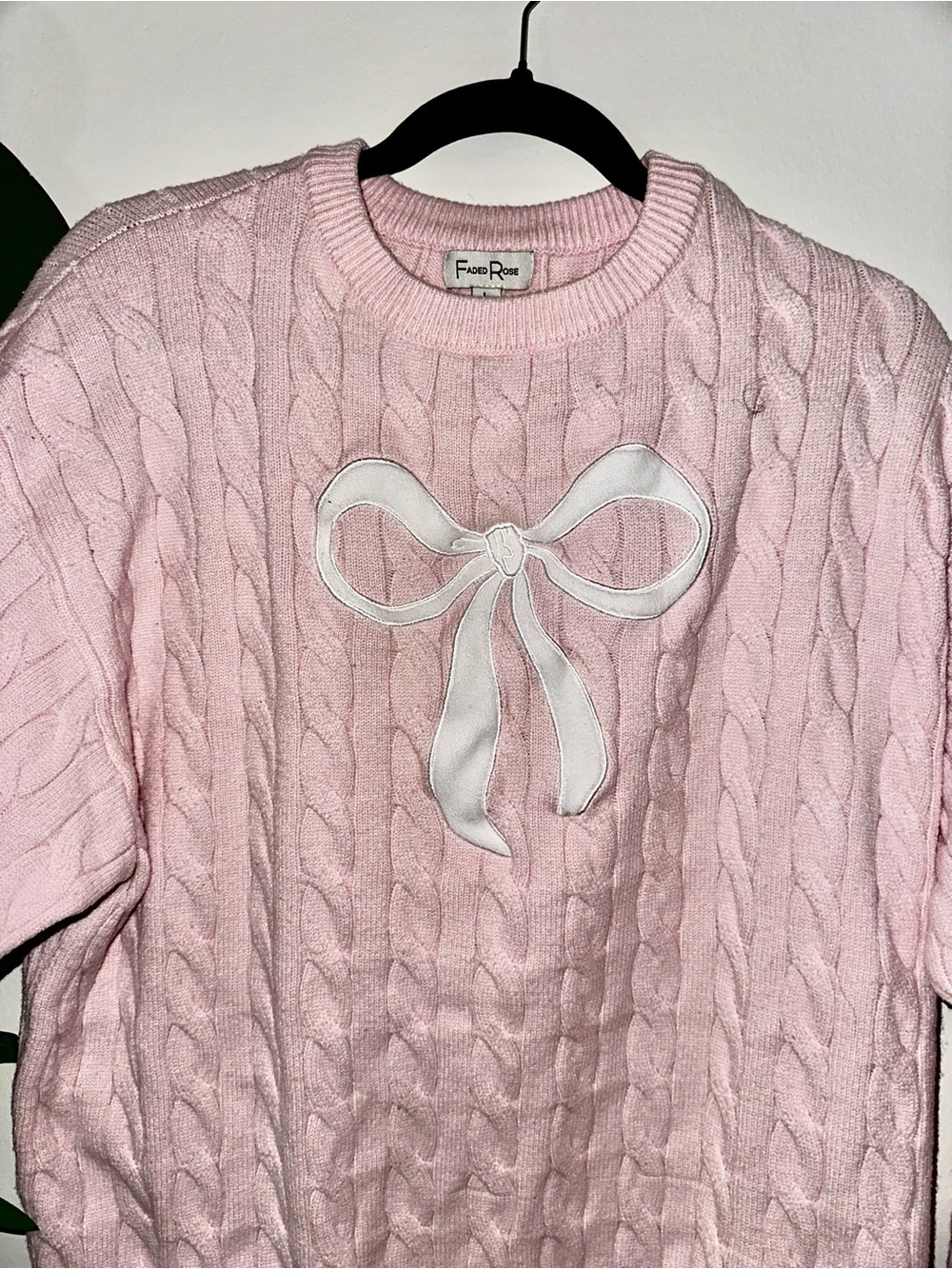 Pink Cable-Knit Sweater with Bow Detail